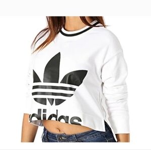 Adidas Women's Cropped White Sweatshirt with Black Trefoil